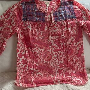 J. Crew Red Floral Blouse with Blue Accents